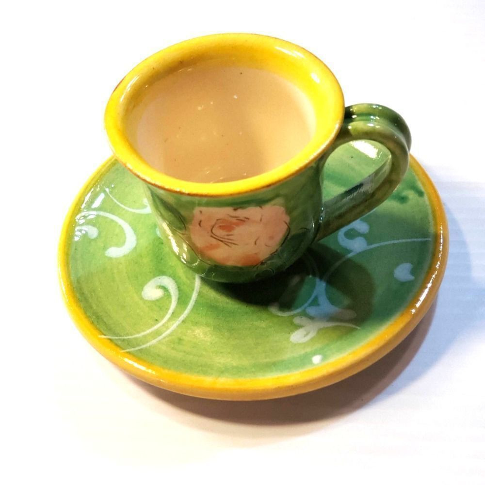 Vintage Hand Painted Pottery Clay Floral Cup Saucer Set Green